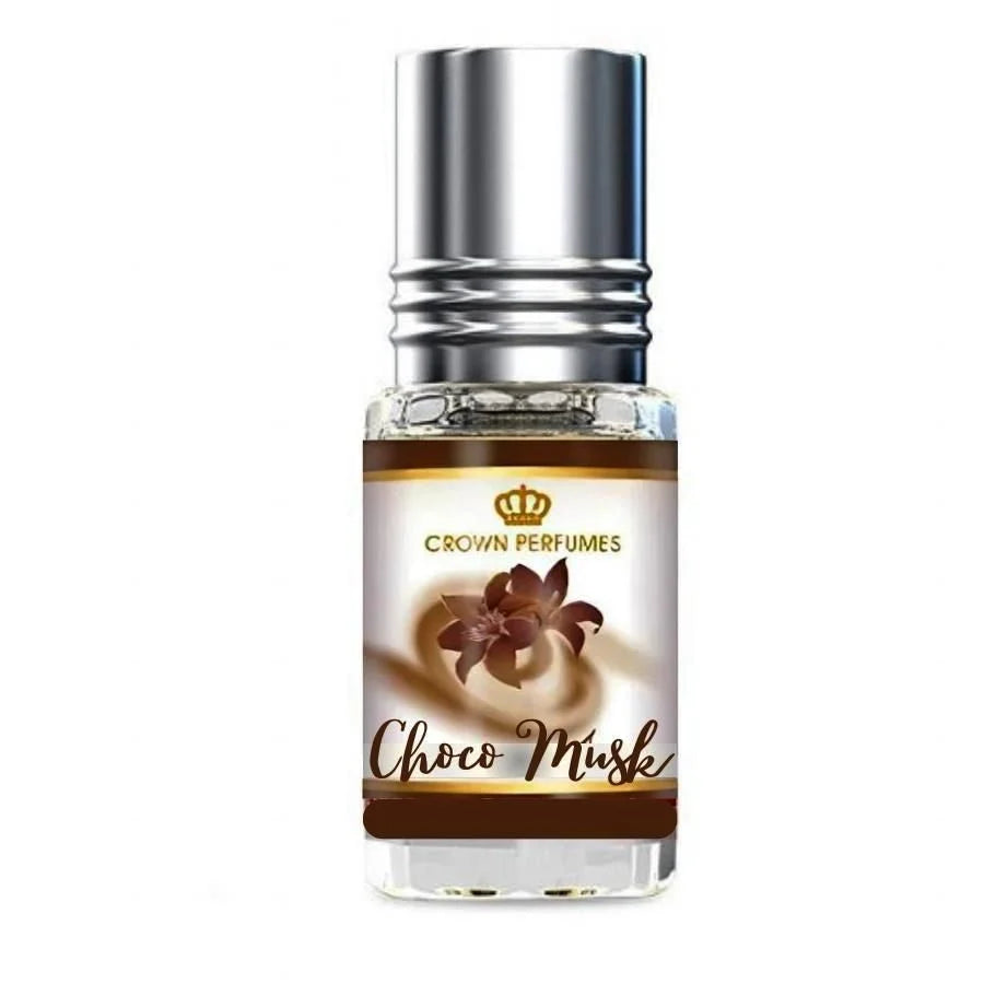 Glazen parfumolie fles met zilveren dop en chocolade swirl label voor parfumolie