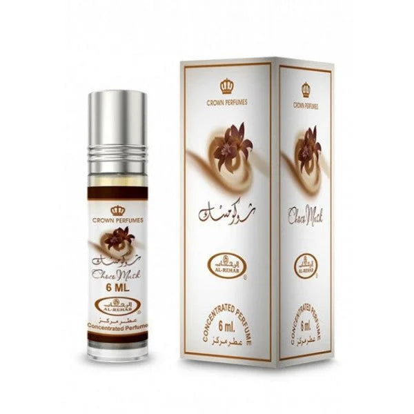 Bruin flesje met roll-on parfumolie choco musk en zilveren dop, matching box