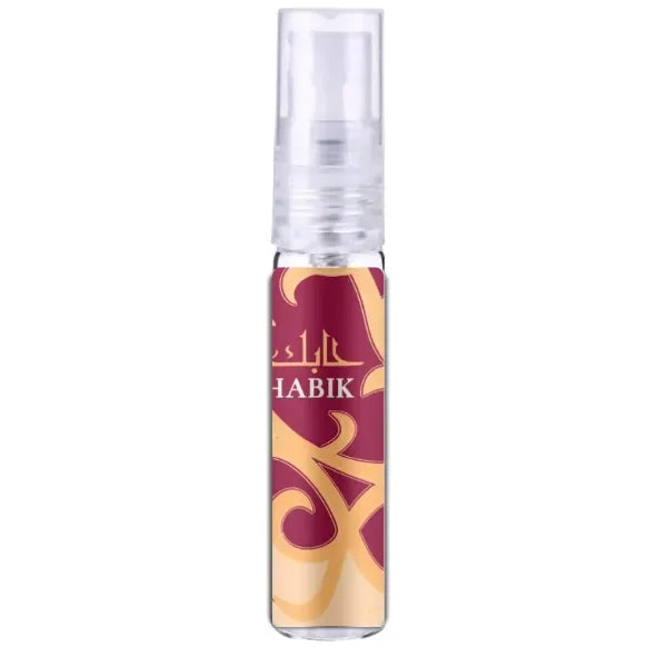 Habik for Woman parfumfles met goud en maroon design, helder glas