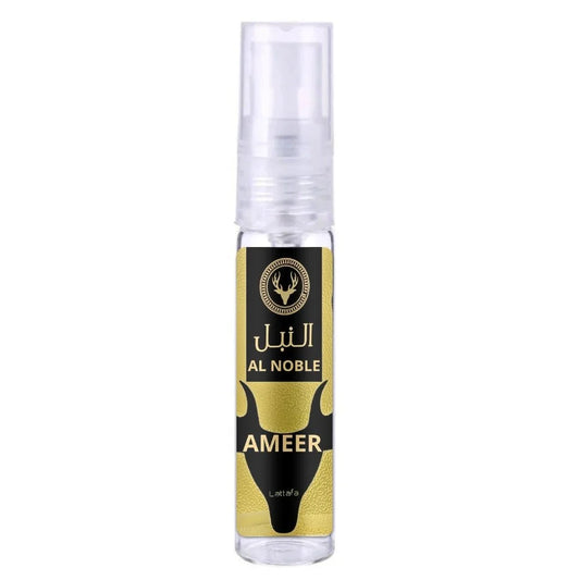 Gouden en zwarte Lattafa Parfum Noble Ameer fles met Arabische Al Noble script