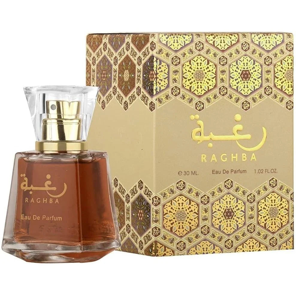 Gouden Lattafa Parfum Raghba Eau de Parfum 100ml fles met Arabische tekst