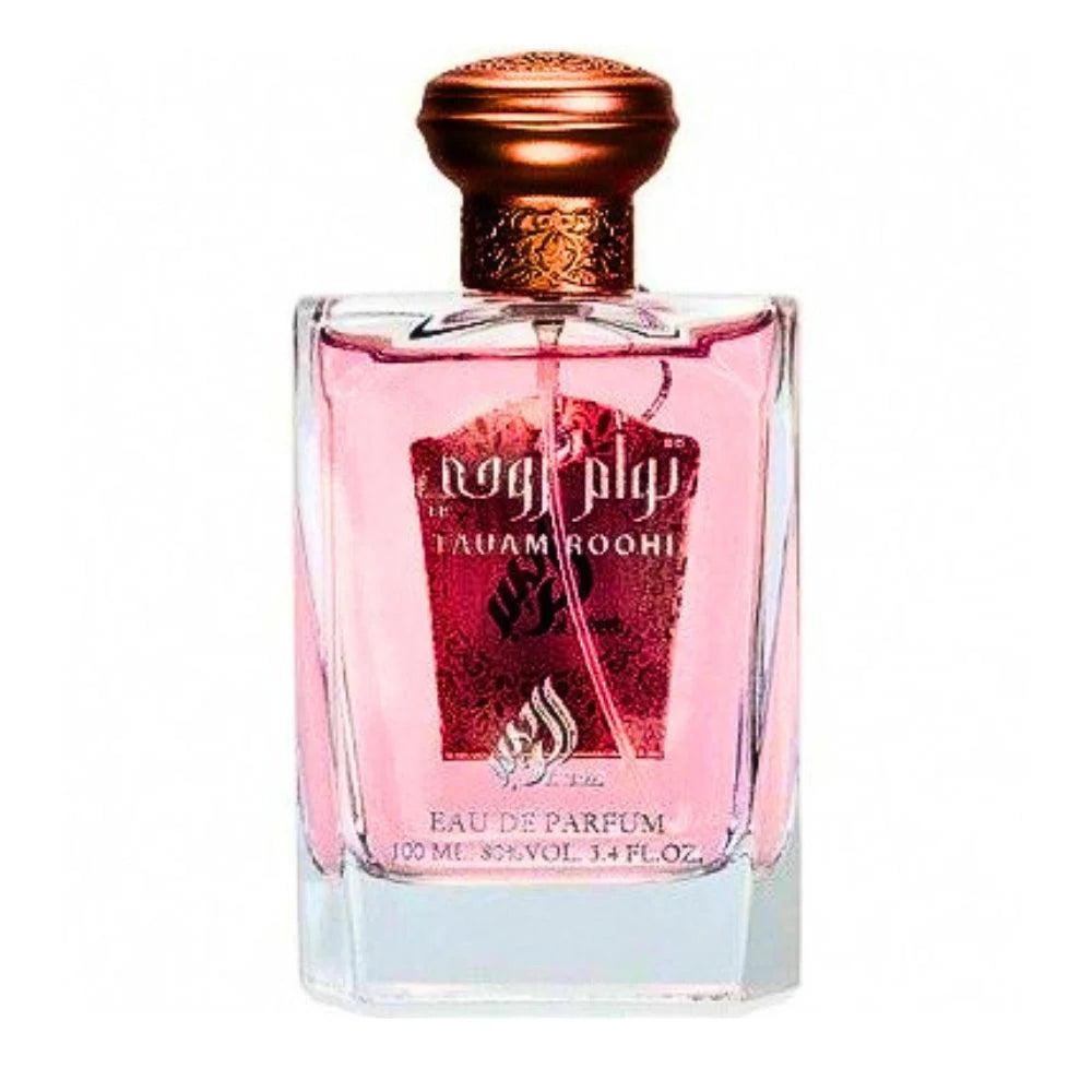 Roze glazen parfumfles met gouden dop en Arabisch schrift voor Lattafa Parfum Taum