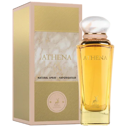 Hambra Athena parfumflesje met gouden vloeistof en parelachtige dop, perfect voor salepify app