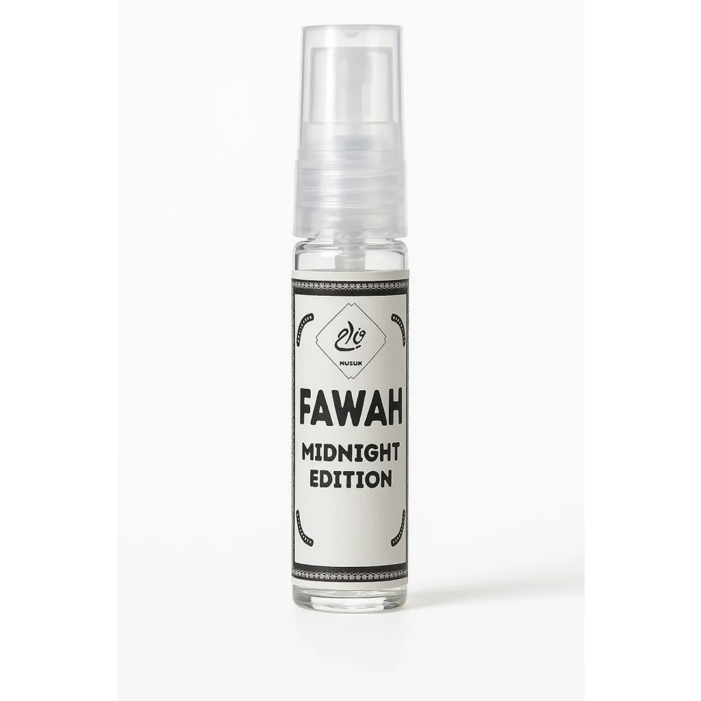 Helder glazen parfumflesje met witte dop voor Nusuk Fawah Midnight parfum