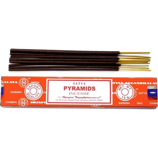 Bruine pyramid Satya wierookstokjes in rood en wit doosje voor aromatherapie