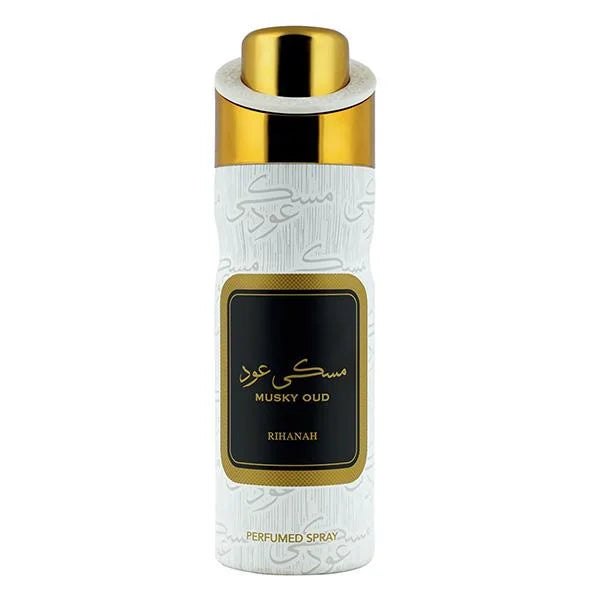 Rihanah deodorant met musky oud in witte gouden fles
