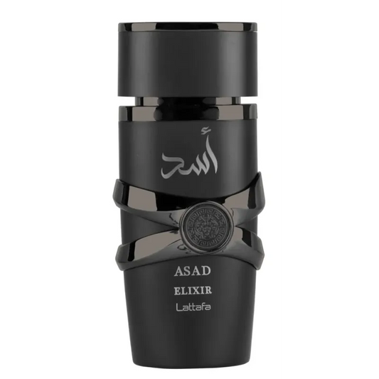 Zwarte Asad Elixir-parfumfles met zilveren accenten en Arabisch schrift