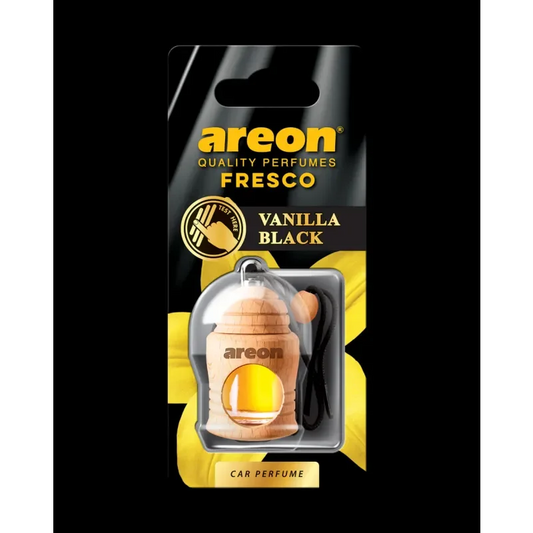 Autogeurhanger Vanilla Black met houten hanger en gele vloeistof