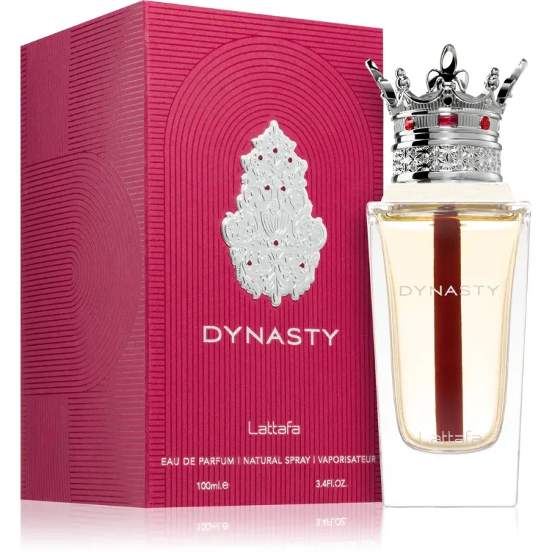 Dynasty parfumfles met kroonontwerp, roze-witte label, arabisch parfum