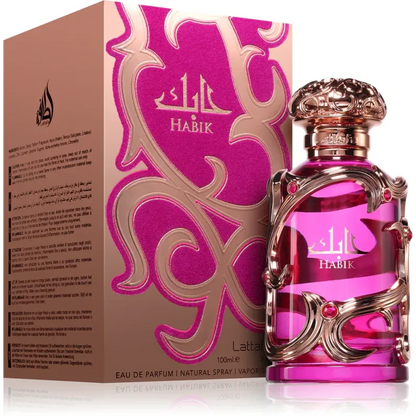 Roze Habik for Woman-parfumfles met sierlijke dop en Arabisch schrift