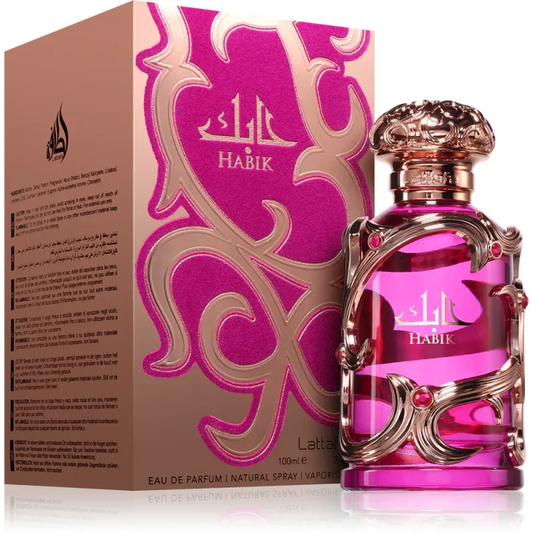 Roze Habik for Woman-parfumfles met sierlijke dop en Arabisch schrift