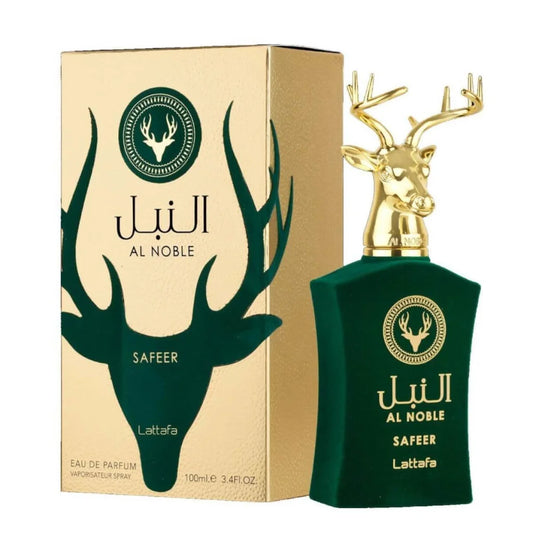 Groene hertenkop Lattafa Parfum Noble Safeer fles met gouden dop