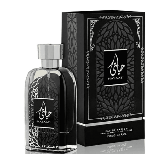 Zwarte en zilveren Zaafaran Parfum Hayaati met Arabische kalligrafie