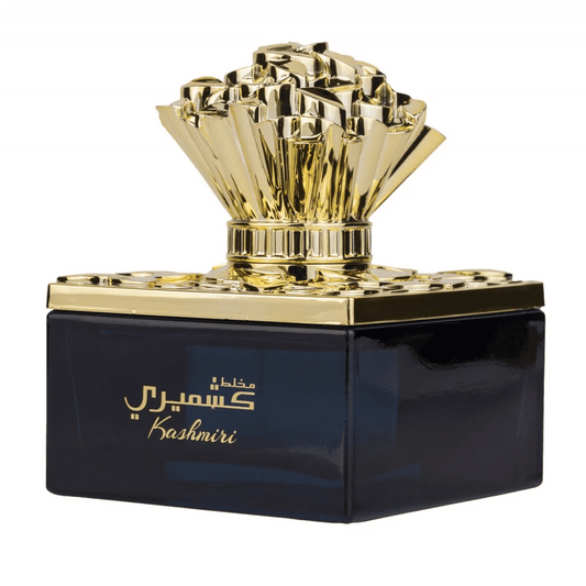 Zwarte en gouden Lattafa Parfum Mukhallat Kashmiri fles met bloemige dop