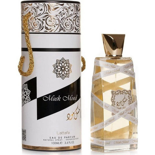 Alt-tekst: Lattafa Parfum Oud Mood Musk fles en sierlijke cilindrische verpakking