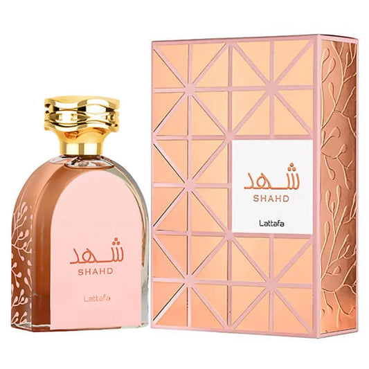 Lattafa Parfum Shahd rosegoud fles met geometrisch patroon en doos