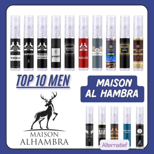 Parfum testers Maison Al Hambra Top 10 collectie met mannengeuren samples