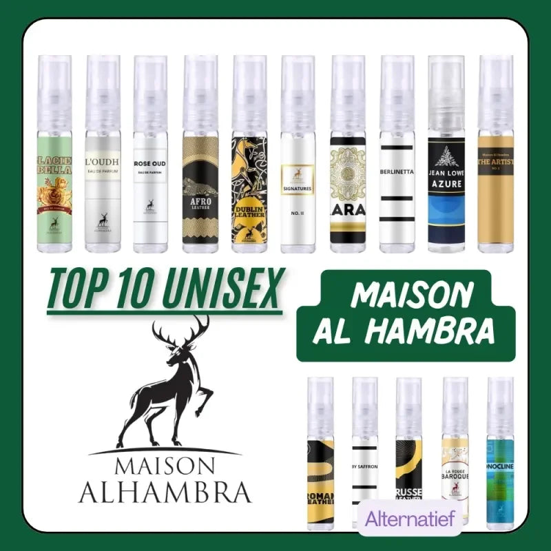 Verzameling van Maison Al Hambra parfum testers voor heren en dames in testers maison