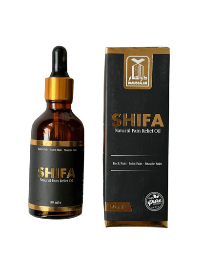 Shifa oil natuurlijke pijnverlichtende olie 50 ml in amber glazen druppelfles met gouden accenten naast zwarte en gouden doos