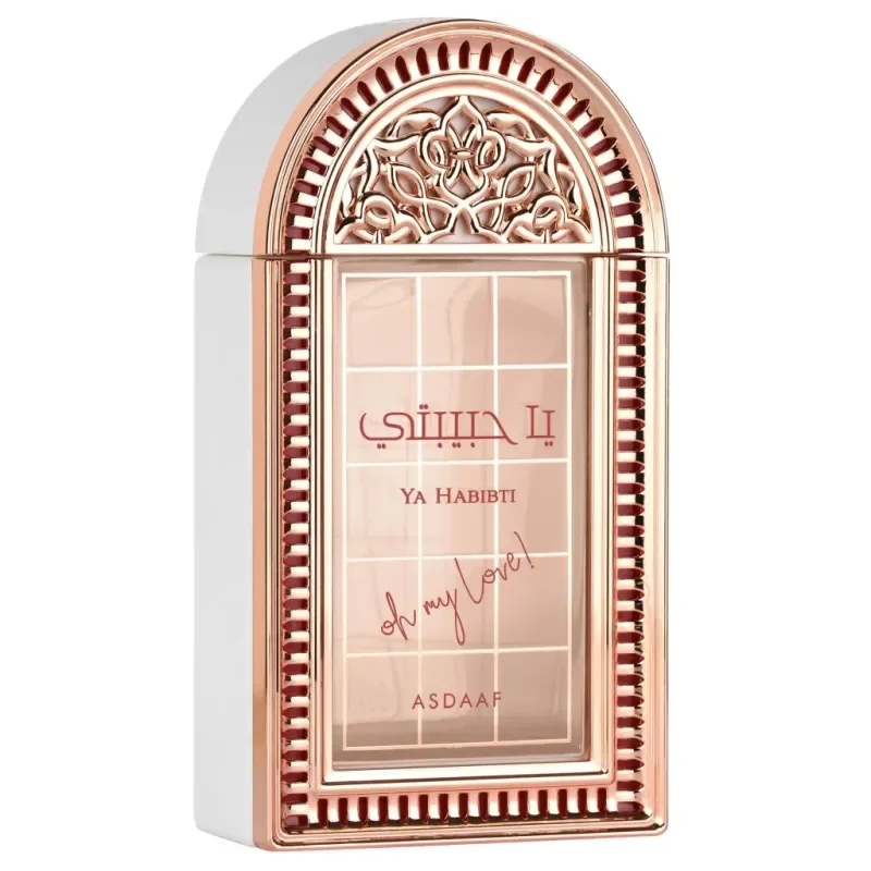 Ya Habibti rosegouden parfumfles met Asad Elixir bloemmotief en Oh My Love inscriptie