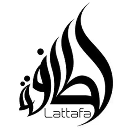 Zwart Arabische kalligrafie logo ontwerp met de tekst ’Lattafa’ eronder.